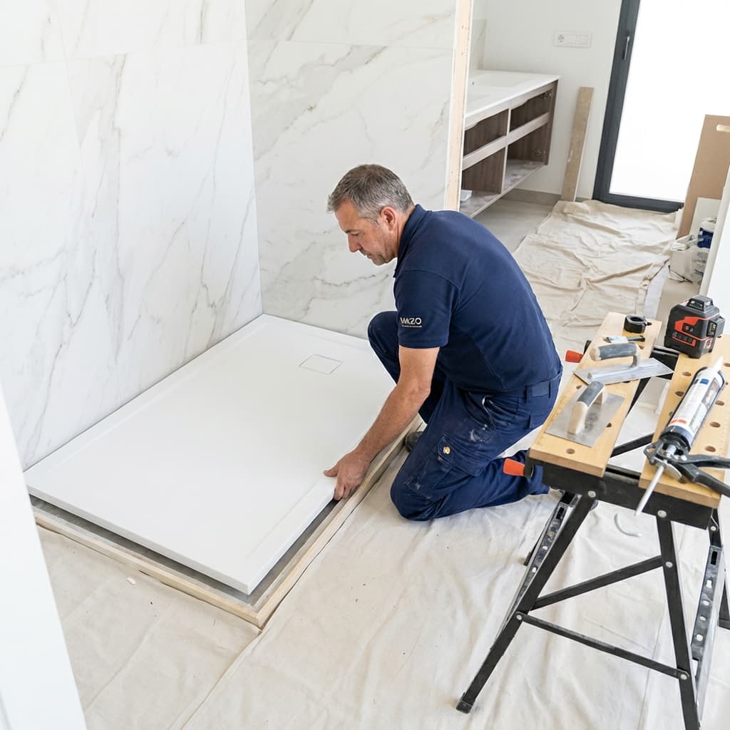 Técnico instalando plato de ducha premium en Alicante